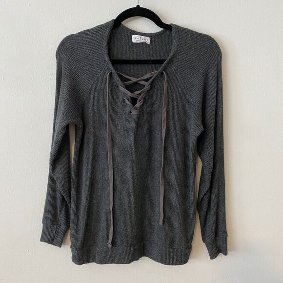 VELVET Graham and Spencer Gray Billow Lace up V-Front Long Sleeve Jersey Top XS - Picture 4 of 11